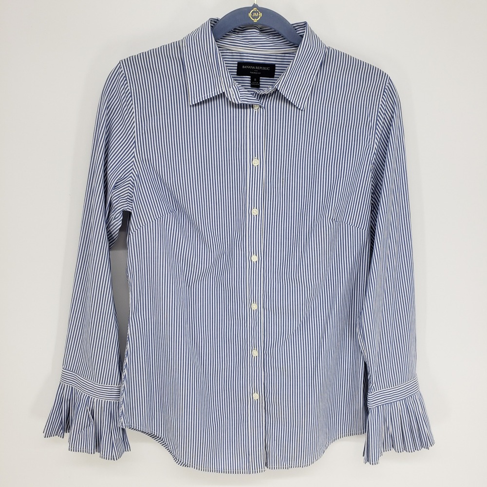 Banana Republic Striped Button Down Shirt Women 8 Blue Ruffle Cuff Tailored Fit